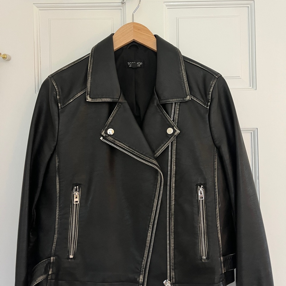 Topshop Black Faux Leather Biker Jacket with Silver Hardware